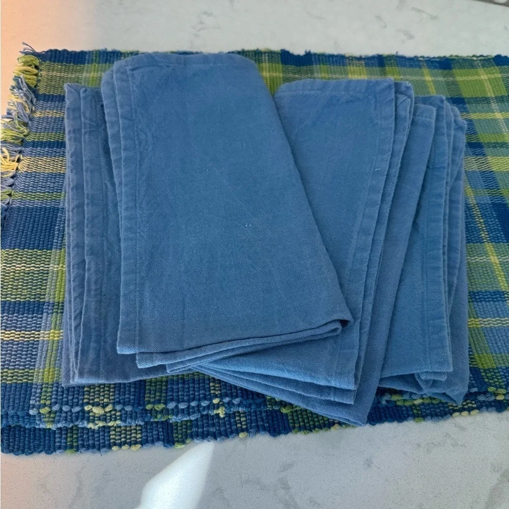 Hand loomed Blue and Green Plaid Placemats with Napkins 100% cotton set of 4